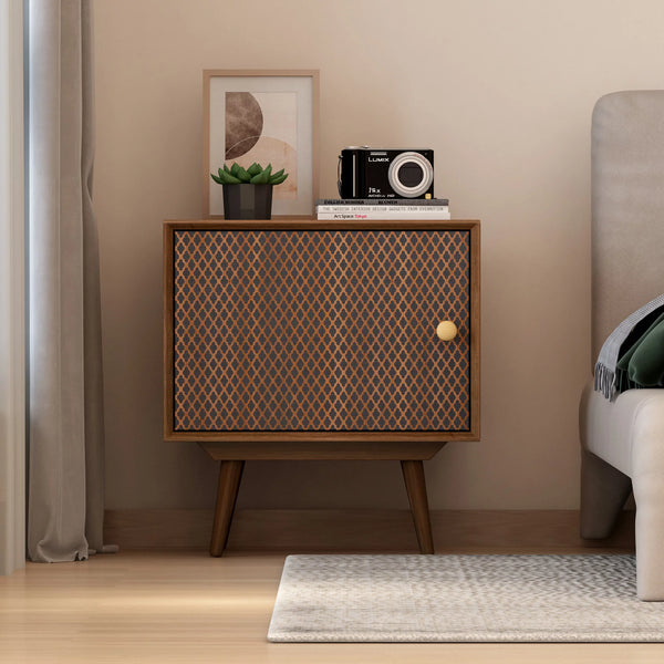 Nightstand with 1 Door,Wood Bedside Table with 3D Printed Elements,End Table Storage Cabinet for Bedroom,Living Room,Sofa Couch,Hall,Brown