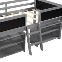 Kids Loft Bed with Movable Shelves, Wood Low Twin Size Loft Bed Frame with Decorative Guardrail Chalkboard, Storage, Ladder, Kids Wood Loft Bed Frame, for Girls Boys, No Box Spring Needed, Gray