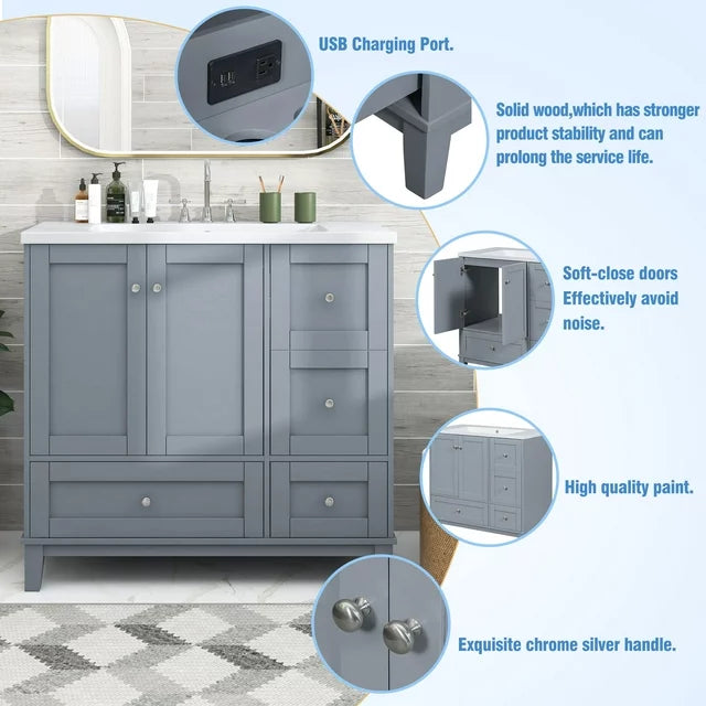 36 Inch Bathroom Vanity with Sink and USB Charging, Freestanding Floor Storage Vanity Cabinet with 2 Doors and 3 Drawers, Small Single Combo Cabinet-Faucets Not, White & Gray Blue