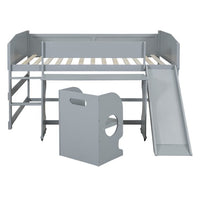 Loft Bed Full Size, Low Study Full Loft Bed with Rolling Portable Desk and Chair, Kids Loft Bed with Slide, Built-in 2 Rung Ladder and Full Length Safety Guardrails for Boys Girls, Gray