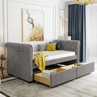 Twin Size Upholstered Daybed with 2 Storage Drawers, Sofa Bed Frame with Wood Slat Support and Comfortable Curved Armrests, No Box Spring Needed, Gray