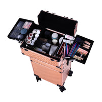 4 in 1 Professional Rolling Makeup, Train Case Aluminum Trolley Case Suitcase Organizer with Rotation Wheels for Makuep, Rose Gold