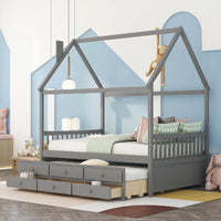 Full Size House Bed with Trundle and 3 Storage Drawers, Captain's Beds with Roof, Wooden Storage Daybed Frame for Kids Teens Boys Girls, Gray