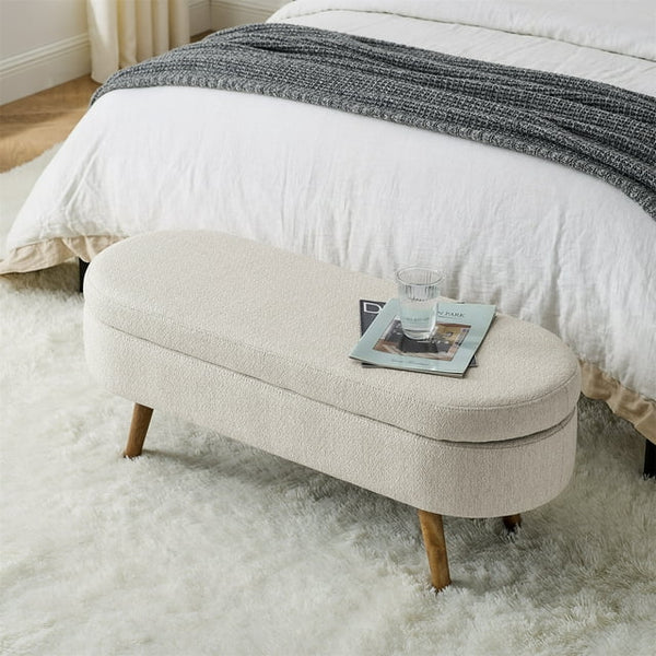 Oval Storage Bench 43.5" Modern Linen Fabric Upholstered Entryway Bench with Rubber Wood Legs Ottoman Bench Indoor Storage Bench for Living Room, Bedroom, End of Bed, Entryway, Bed Side, Beige