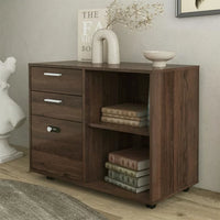 Drawer File Cabinet with Coded Lock, Bedside Table Mobile Lateral Filing Cabinet Printer Stand with Open Storage Shelves & 5 Universal Wheels, Wood Grain Two Layer Storage Cabinet for Office, Brown
