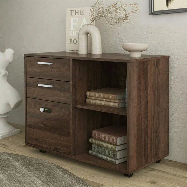Drawer File Cabinet with Coded Lock, Bedside Table Mobile Lateral Filing Cabinet Printer Stand with Open Storage Shelves & 5 Universal Wheels, Wood Grain Two Layer Storage Cabinet for Office, Brown