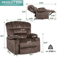 Recliner Chair Oversized Recliner Chair with Massage and Heating Lazy Boy Recliner Sofa with Adjustable Backrest, Extending Footrest, Cup Holders, Side Pockets Theater Recliner for Living Room, Brown