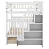 Full over Full Bunk Bed with Two Drawers and Storage, Multifunction Wood Bunk Bed with Staircase, Storage Shelves and Safety Guardrail, No Box Spring Needed, White