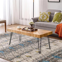 Modern Coffee Table, Rectangle End Table with Storage Shelf, Wood Side Tables, Easy Assembly, Cocktail Table for Living Room Balcony Office, w/Chevron Pattern & Metal Hairpin Legs, Natural