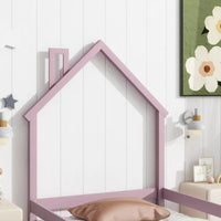 Twin Size Floor Bed Wooden Montessori Floor Bed with House-Shaped Headboard and Fence Guardrails Twin Bed Frame for Girls and Boys, No Weight Limit, Pink
