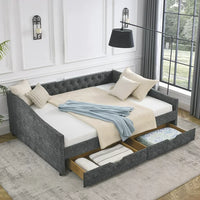 Queen Size Daybed with 2 Drawers, Upholstered Tufted Sofa Bed Frame with Wood Slats Support & Button Back & Copper Nailed Armrests, for Bedroom, Living Room, No Box Spring Needed, Gray