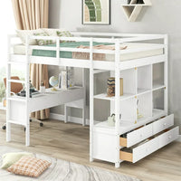 Full Size Loft Bed with Built-in Desk with Two Drawers, Storage Shelves and Drawers, Solid Wood Loft Bed Frame with Built-in Ladder and Guardrails for Kids Teens Adults, Maximized Space, White