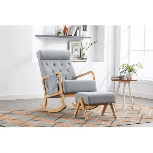 Rocking Chair With Ottoman and Side Pocket,Upholstered Accent Chair with Foot Stool, Glider Rocker Chair with Thick Padded Cushion and High Backrest,Lounge Chair for Living Room Bedroom Nursery