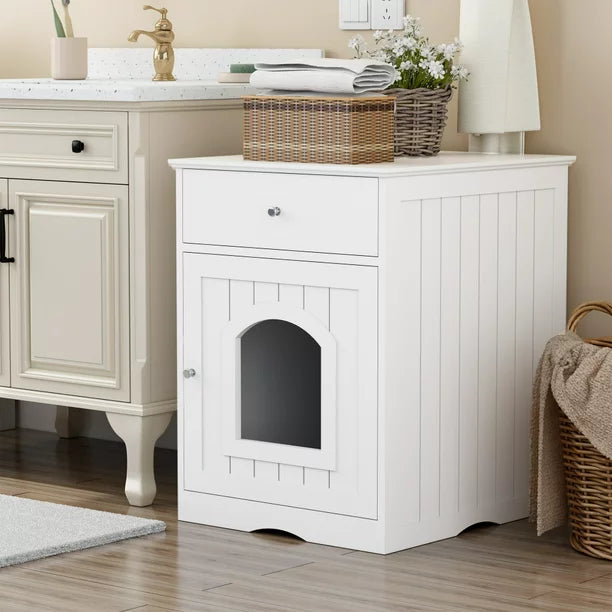 Wooden Pet House Cat Litter Box Enclosure with Drawer, Side Table, Indoor Pet Crate, Cat Home Nightstand, Hooded Hidden Pet Box, Cats Furniture Cabinet, Kitty Washroom, Pet Nightstand, White