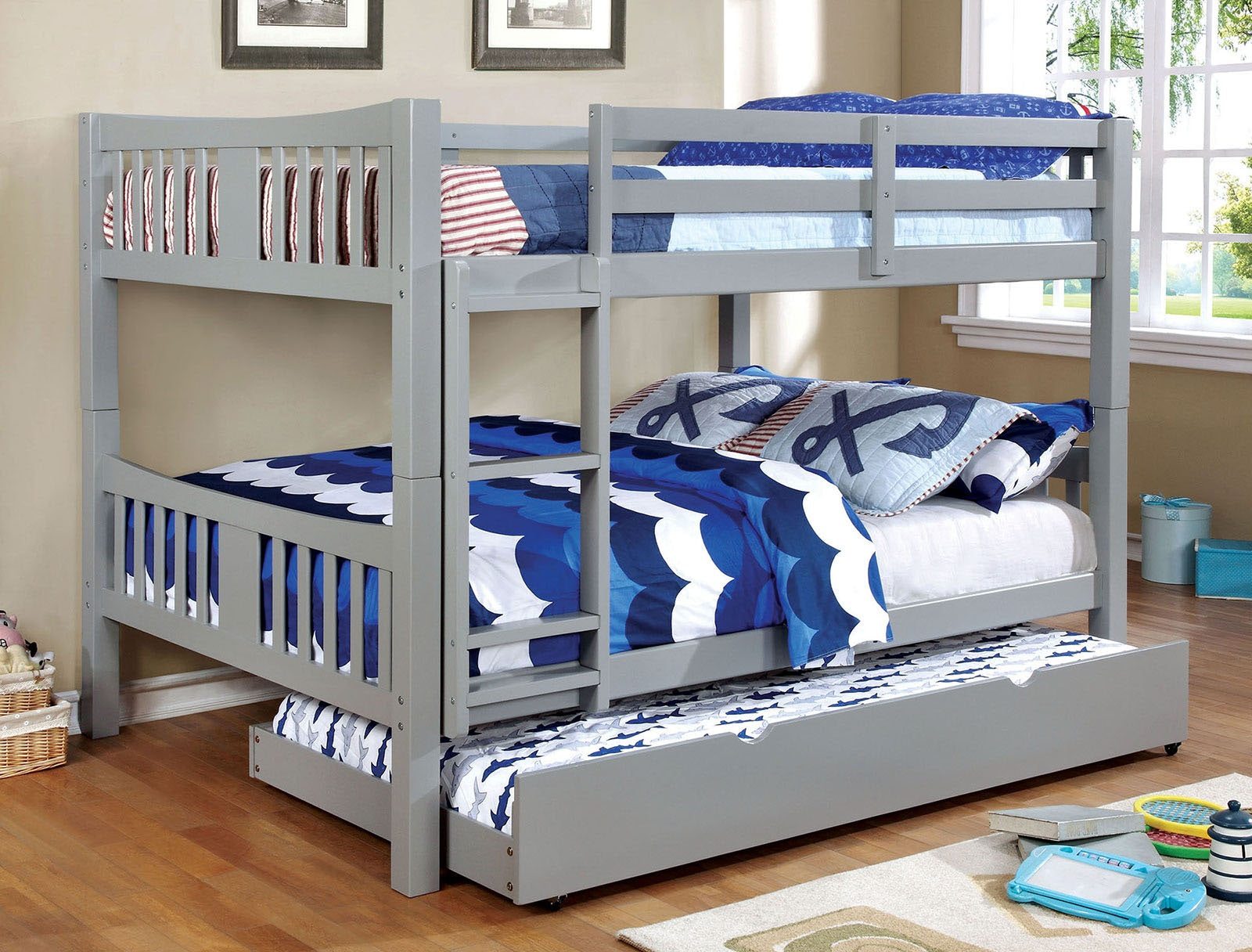 Triple Tree Full Over Full Bunk Bed Gray Finish Transitional Style Attached Ladder Upper Bed Rails Lock Joint Structure And Trundle-Not Included