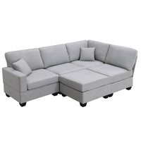 L-Shape Large Sectional Sofa Set, 89.8*60.2" 5-Seat Modular Couch Set with Convertible Ottoman, Linen Fabric Corner Couch Set with 2 Pillows, for Living Room Apartment Office, Gray