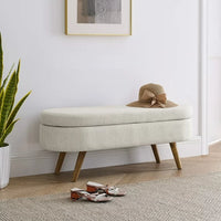 Oval Storage Ottoman Bench, 43.5" Linen Upholstered Storage Bench with Solid Wood Legs, Modern End of Bed Storage Bench Indoor Ottoman Bench with Storage for Living Room, Bedroom, Entryway, Beige
