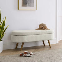 Oval Storage Ottoman Bench, 43.5" Linen Upholstered Storage Bench with Solid Wood Legs, Modern End of Bed Storage Bench Indoor Ottoman Bench with Storage for Living Room, Bedroom, Entryway, Beige