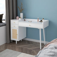 Makeup Vanity with Charging Port, Modern Dressing Table with Rattan Door and Multi-Storage, White Vanity Desk for Bedroom, Living Room, Weight Capacity 160 Pounds