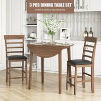Drop-Leaf Dining Table Set of 3, Round Counter Height Drop-Leaf Table with 2 Upholstered Chairs, Rubber Wood Dining Table Set Pub Set with PU leather Cushion for Small Space Kitchen
