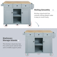 53.1"Rolling Mobile Kitchen Island Cart with Rubber Wood Drop Leaf Countertop and 3 Drawers, Rolling Kitchen Island with Smooth Wheels, Adjustable Shelves and 3 Drawers for Dining Room