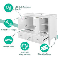 36" Bathroom Vanity Base Only, Bathroom Vanity Without Top Sink, Modern Freestanding Bathroom Storage Cabinet with Open Storage Shelf and Drawers, Solid Wood Frame, White