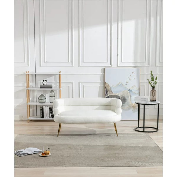 Living Room Accent Sofa, Leisure Loveseat Sofa with Golden Metal Feet, Tufted Chaise Lounge Sofa with Curved Back, Upholstered Sofa Reading Chair for Home Apartment or Office, White