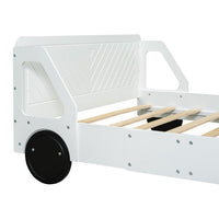 Kids Bed Frame Full Size, Car Bed for Boys Girls with Decorative Wheels and Guardrail, Wooden Platform Bed Frame, 400LBS Weight Capacity, White