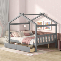 Full Size House Bed Frame, Wood Platform Bed with 2 Drawers, Decorative Canopy Bed Top, Sturdy Frame Wood Legs Supprot, No Box Spring Needed, Gray