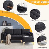 85" Burlap Fabric Sectional Sofa Couch with Reversible Chaise, L-Shape Couch with Bolster Pillows and Metal Legs, 3 Seats Futon Couch Sofa for Living Room Apartment Small Space, Black