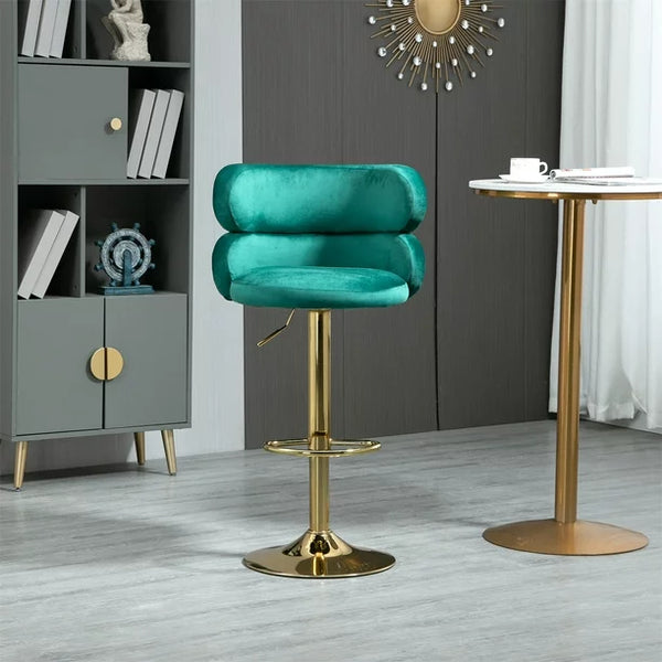 Adjustable Counter Height Bar Stool, Velvet Upholstered Swivel Dining Kitchen Island Pub Chairs with Back and Footrest, Retro Accent Seating Chair with Solid Wood Frame and Metal Legs, Emerald