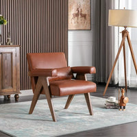 Accent Chair, Modern Upholstered Armchair with KD Rubber Wood Legs, Lounge Reading Chair with Lumbar Pillow, for Living Room Bedroom, Brown
