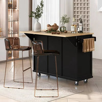 Kitchen Island Cart, Island Table for Kitchen, Rubber Wood Drop-Leaf Countertop, Mobile Portable Kitchen Island with Storage Cabinet & 3 Drawers, Farmhouse Buffet Server Sideboard, Black