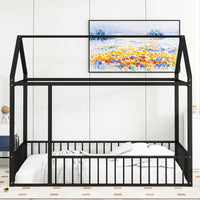 Full Size Floor Bed for Children, Montessori Bed Frame with Roof and Fence, Modern Heavy Duty Metal Bed Frame House Bed for Kids Teens Girls Boys, Easy Assembly, Black