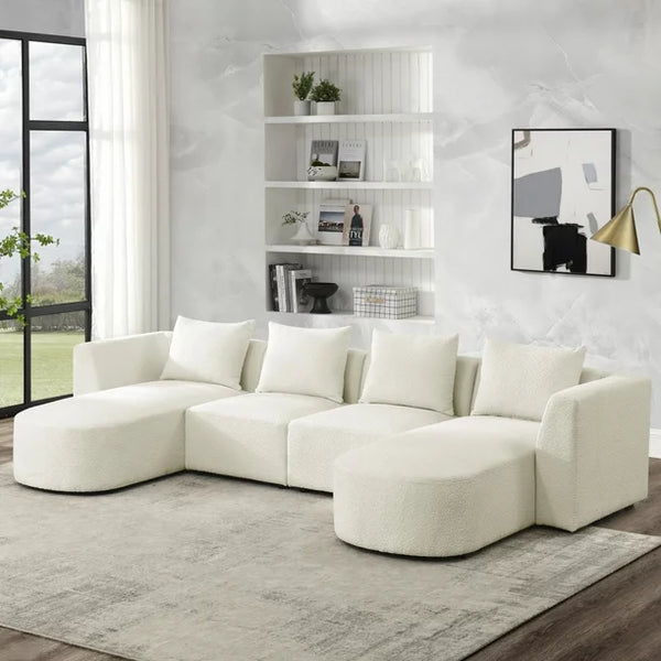 Sectional Sofa, U-Shaped Couch with 2 Single Seat and 2 Chaises, Modular Modern Sofa Couch with Ottoman, Filled Reversible Sofa Couch with Waist Pillows, Loop Yarn Fabric (Ivory)