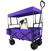 Folding Wagon Garden Cart 250LBS Capacity, Portable Beach Trolley Cart with Removable Canopy, Collapsible Wagon Cart with 4 Universal Wheels for Shopping Park Picnic, Beach Trip, Camping, Purple