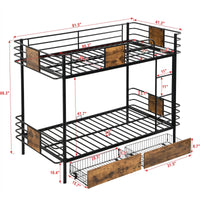 Metal Bunk Bed Twin XL Over Twin XL, Metal Bunk Bed with 2 Storage Drawers and MDF Board Guardrail, Bunk Bed for Kids Boys Girls Teens, Black