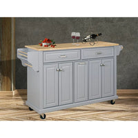 Extendable Rolling Mobile Kitchen Island with Storage and Towel Rack, Kitchen Cabinet with Drawers and Casters, Kitchen Cart with Natural Wood Top and Adjustable Shelves, Easy to Clean, Gray