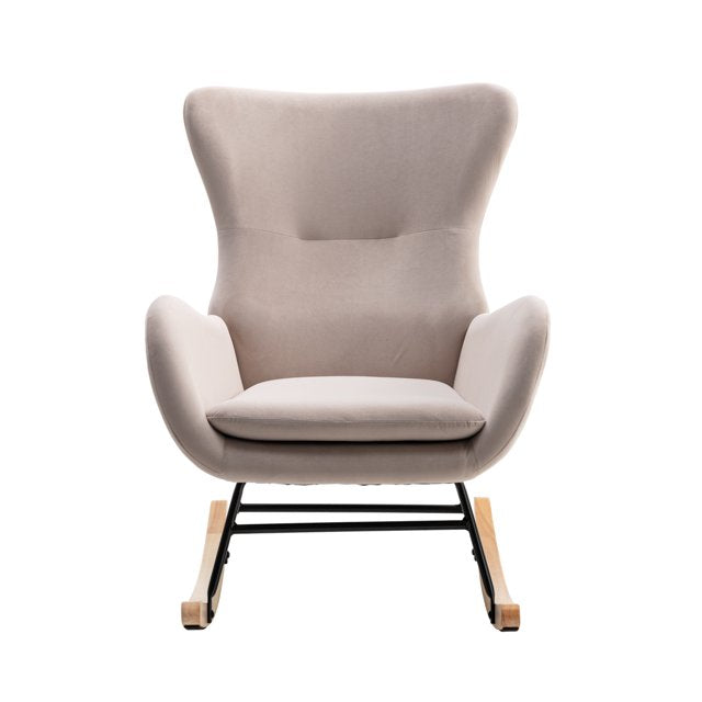 Rocking Chair Nursery, Velvet Fabric Rocking Chair with Padded Seat Cushion and High Backrest, Comfy Accent Glider Chair, Modern Small Rocking Chair for Nursery, Living Room, Bedroom, Beige