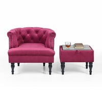 Modern Velvet Accent Chair with Storage Ottoman, Button Tufted Sofa Chairs Armchair with Nailhead Trim & Solid Wood Legs, Upholstered Lounge Chair Reading chair for Living Room Bedroom, Burgundy