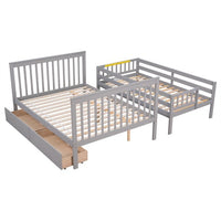 Bunk Bed with 2 Drawers and Storage Staircases, Solid Wood Twin Over Full Bunk Bed Frame with Safety Guardrail, Headboard, Footboard and Handrails, Convertible into 2 Beds, No Box Spring Needed, Grey