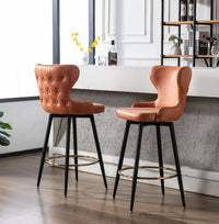 Swivel Bar Stools Set of 2, Self-righting Counter Height Bar Chairs with Gold Footrest & Black Metal Legs, Leathaire Fabric Upholstered Dining Chairs with Nailhead Trim for Kitchen Island, Orange