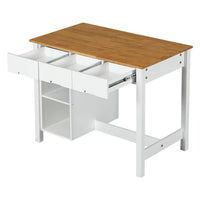 Stationary Rubber Wood Kitchen Island Set with 2 Dining Stools, Modern Farmhouse 3 Pieces Dining Table Set with 2 Shelves and 3 Drawers, for Small Places, Home, 45", White