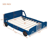 Full Size Car-Shaped Platform Bed, Modern Kids Bed with Wheels Rails, No Box Spring Required Fit 6" Mattress 400Lbs Load 77.2"L x 55.9"W x 29.9"H, Blue