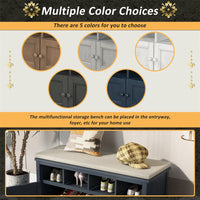 3-Tier Two-Door Shoe Storage Bench, Shoe Rack with Linen Upholstered Top Cushion, Pine Wood Frame, Large Space Cabinets for Entryway Hallway, Antique Navy