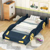 Twin Size Race Car-Shaped Platform Bed for Kids, Solid Wood Platform Bed Frame with Wheels and Storage, Sturdy Car Bed with Full-Length Guardrails for Kids Boys and Girls, Space Saving Design, Blue