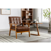 Accent Chair Mid-Century Modern PU Armchair with Solid Wood Armrest and Feet Comfy Leisure Chair Single Sofa Chair Lounge Chair for Living Room Bedroom Studio, Brown