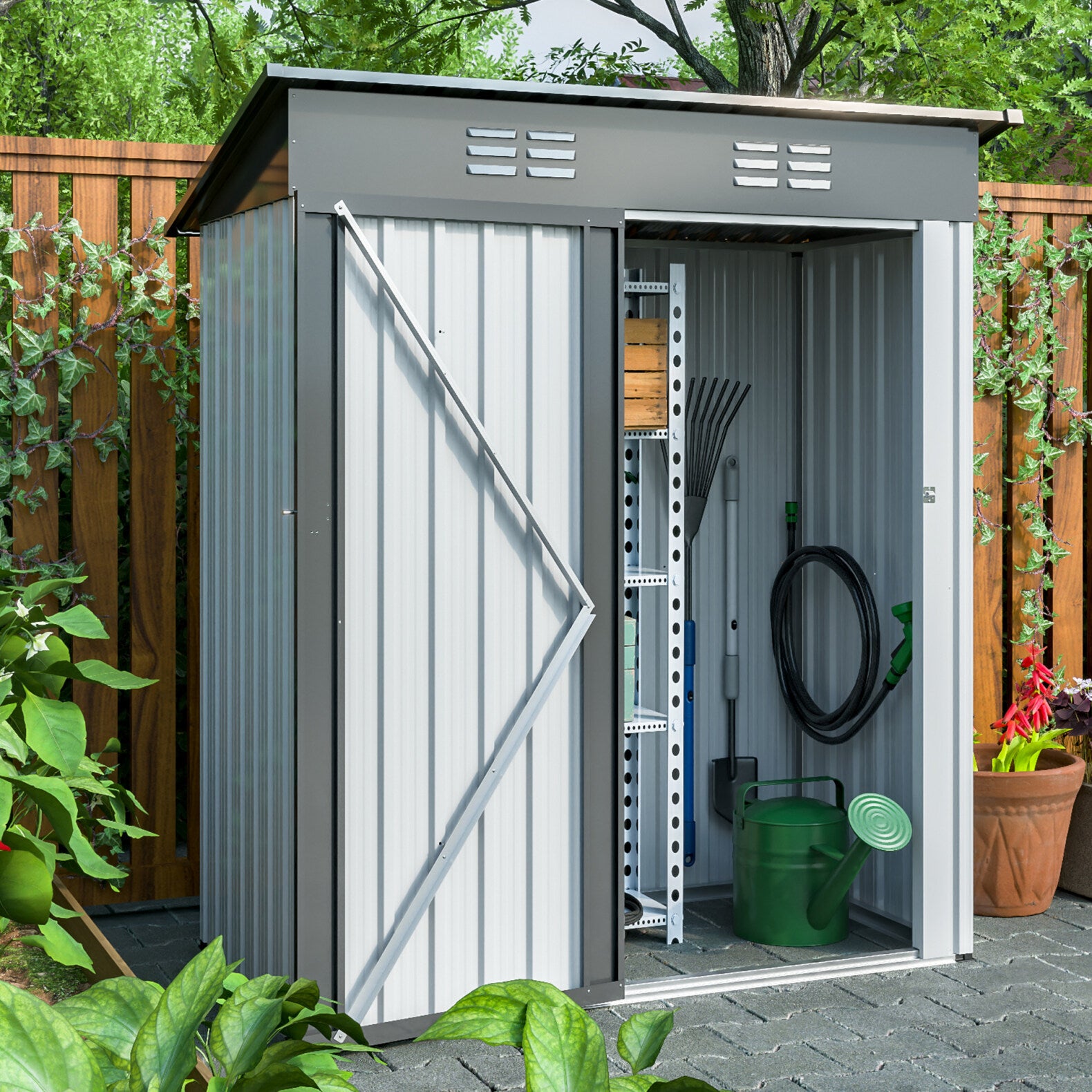 5x3Ft Outdoor Storage Shed with Lockable Doors, 2 Vents & Sloping Roof, Heavy Duty Metal Storage House with Aluminum Frame for Garden Backyard Patio, Weather Proof, Tool Accessories Included, White