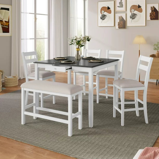 6-Piece Dining Table Set for 4-6 Persons,Solid Wood Rectangular Dining Table with Storage Drawer,Counter Height Square Kitchen Set with 4 Upholstered Chair and A Bench for Kitchen Dinning Room,White