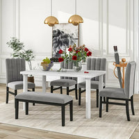 6-Piece Dining Table Set, Modern Kitchen Table and Chairs Set for 6 with Marble Veneer Table, 4 Flannelette Upholstered Dining Chairs & Bench, Kitchen Living room Dining Room Table and Chair Set, Gray